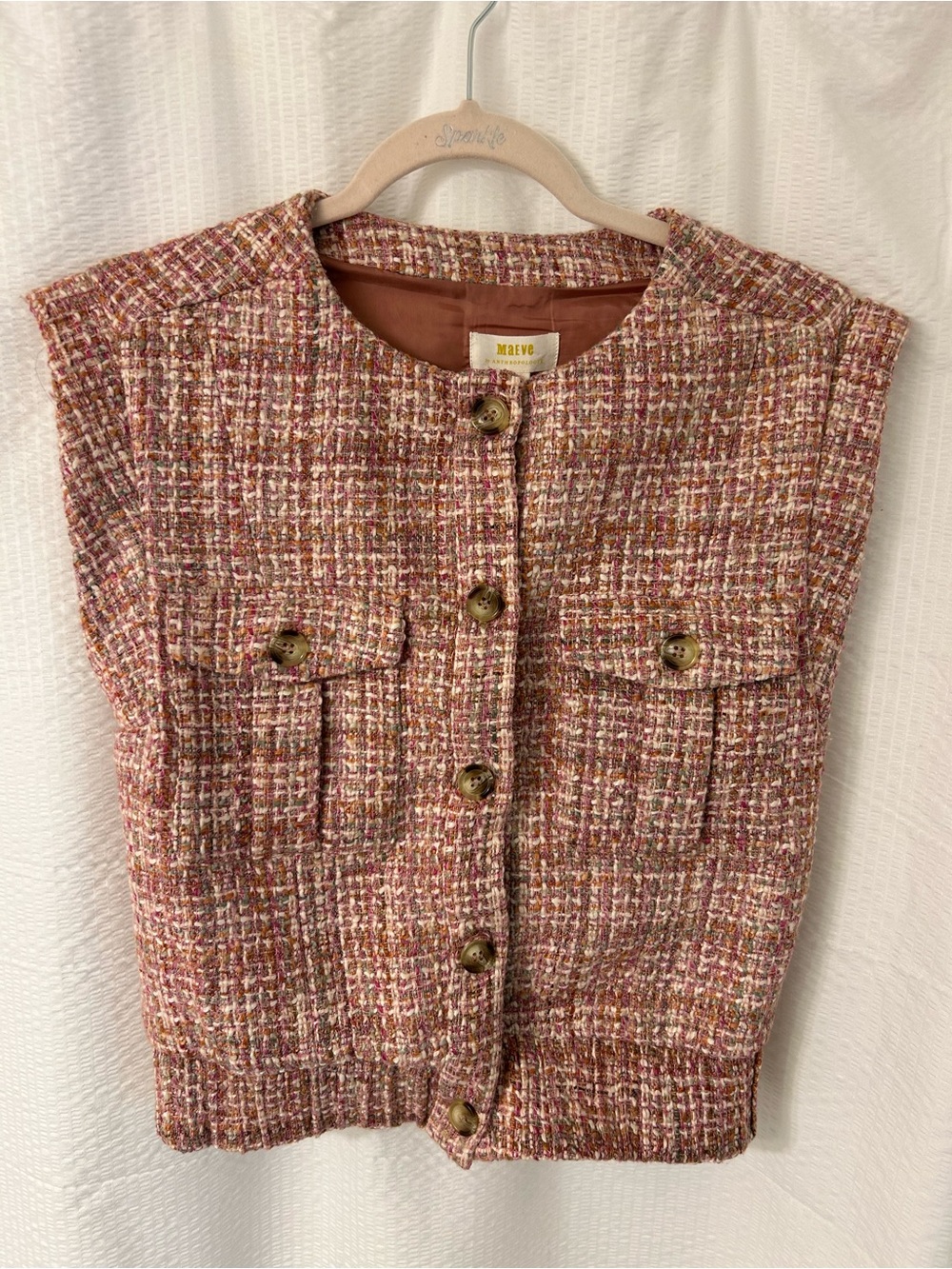 Anthropologie Tweed Button-Front Vest in Pink and Cream